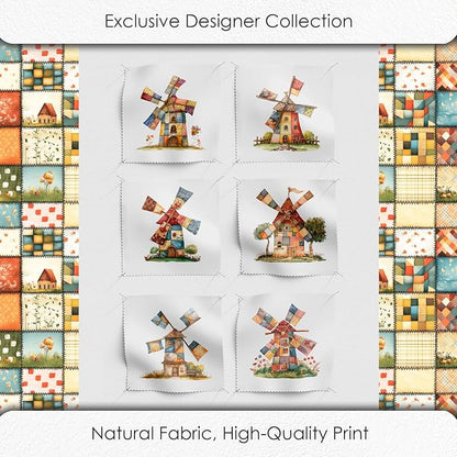 Patchwork Fabric Panel with Windmill Designs – 100% Cotton Satin, 6 Printed Panels 10”×10” + Patchwork Sheet 29.5”×19.7”, Single Continuous Cloth for Quilting & Sewing