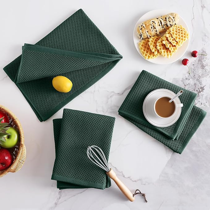 Homaxy 100% Cotton Oversized Waffle Weave Kitchen Dish Towels, Ultra Soft Absorbent Quick Drying Cleaning Towel, 20x28 Inches, 8-Pack, Blackish Green