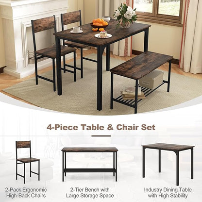 Giantex Dining Table Set for 4, Kitchen Table with Bench and Chairs, Industrial Gathering Bench Dining Set W/Metal Frame & Storage Rack, Dinette Set, Modern Functional Desk Set (Rustic Brown)