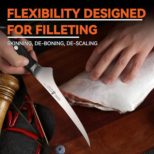 TUO Fillet Knife, 7 Inch Professional Fish Boning Knife for Trimming Meat & Poultry, Flexible Blade, High Carbon German Steel, Riveted Handle - Falcon Series