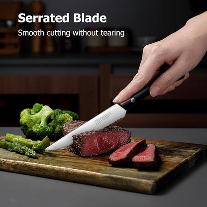 PAUDIN Steak Knives, Steak Knife Set of 8, Razor-Sharp Kitchen Knife Set 4.5 inch, High Carbon Stainless Steel Serrated Steak Set for Kitchen,Black Steak Knives