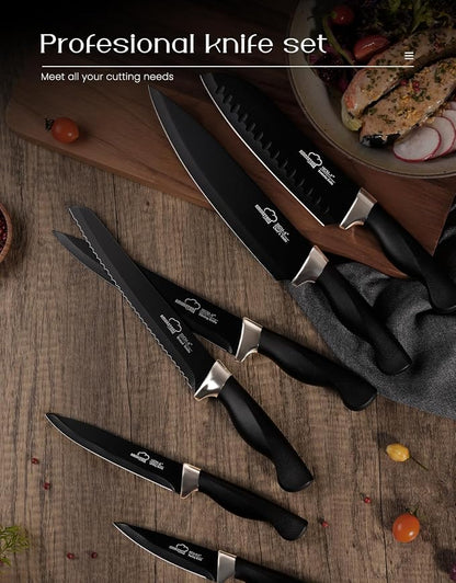 Amorston Knife Set, 15 Piece Kitchen Knife Set with Block and Built in Sharpener, German Stainless Steel Dishwasher Safe Knife Block Set, Black Kitchen Knives Set for Home Cooking Fathers Day Gift