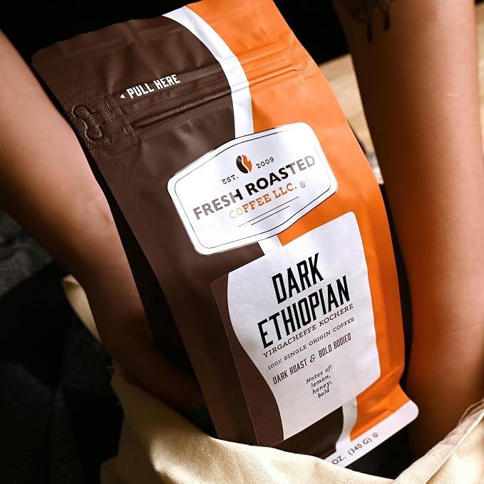 Fresh Roasted Coffee, Dark Ethiopian Yirgacheffe Kochere Drip Ground Coffee, Dark Roast, Kosher, 12 oz