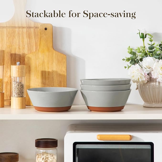 MALACASA Soup Bowls, Ceramic Salad Bowls Set of 4, 36oz Ceramic Bowls for Ramen, Cereal, Fruit and Pho, Microwave & Dishwasher Safe, Speckled Deep Bowls, Grey & Brown