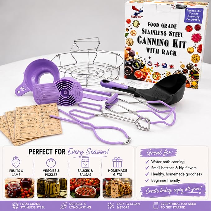 Supa Ant Canning Supplies Starter Kit- Canner Accessories with Canning Rack for Jars, XL Ladle,Wide Mouth Jar Funnel,Jar Lifter and Wrench,Bubble Popper/Measurer,Lid Lifter,Kitchen Tongs (Lavender)