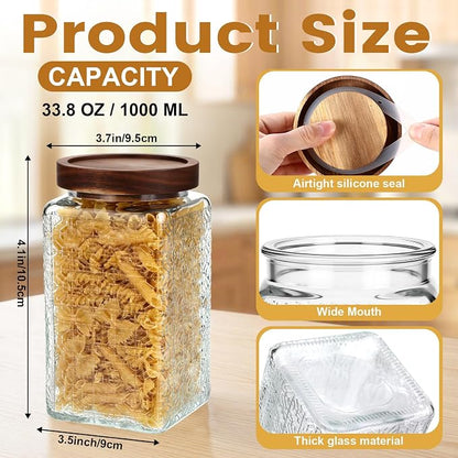 Domensi 6 Pack Vintage Glass Jars with Lids Airtight Food Storage Containers 34 oz Acacia Wood Mason Jar Lids Airtight Pantry Containers for Kitchen Countertop Tea Coffee Spices and Snacks