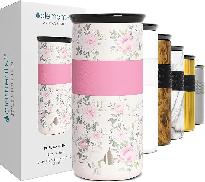 Elemental Artisan Insulated Tumbler, Triple Wall Coffee Travel Mug, Reusable Stainless Steel Coffee Tumbler with Ceramic Lid, Thermal Coffee Cups for Hot (6 Hrs) & Cold (18 Hrs), 16oz - Rose Garden