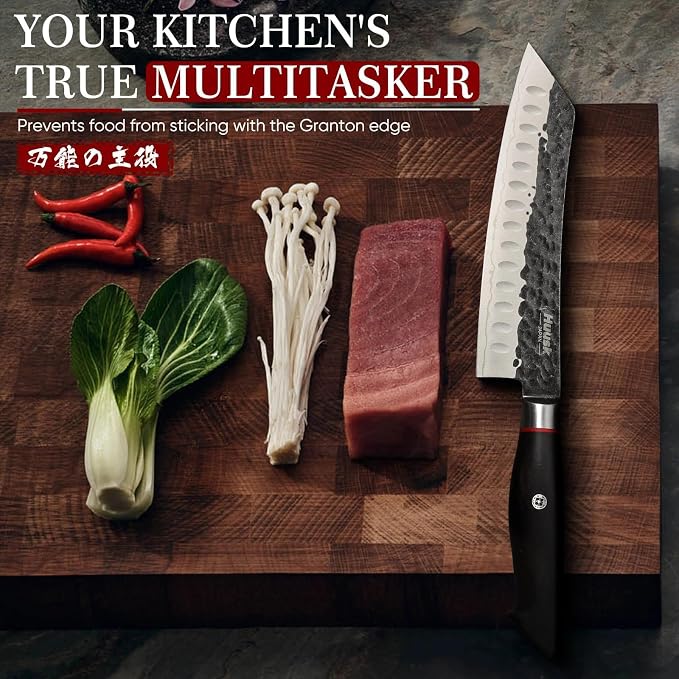 Huusk Santoku Japanese Chef Knife - Hand Forged Chef's Knives with VG10 Steel Core, Ultra Sharp 8 inch Kitchen Knife with Ergonomic Ebony Handle, Premium Wooden Gift Box for Men Women