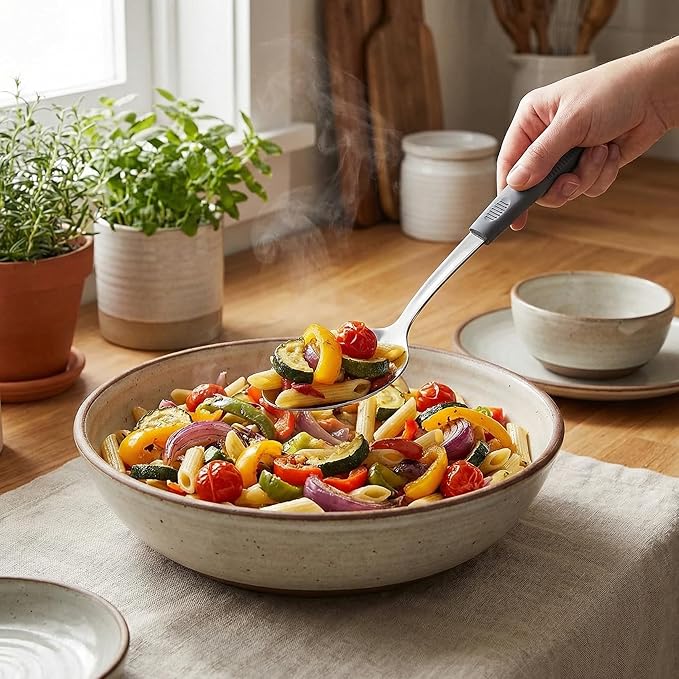 Metal Serving Spoons Set, Large Serving Spoons with Silicone Handles, Stainless Steel Serving Spoon, Slotted Spoon & Soup Ladle Set for Buffet and Home Kitchen (Dark gray)