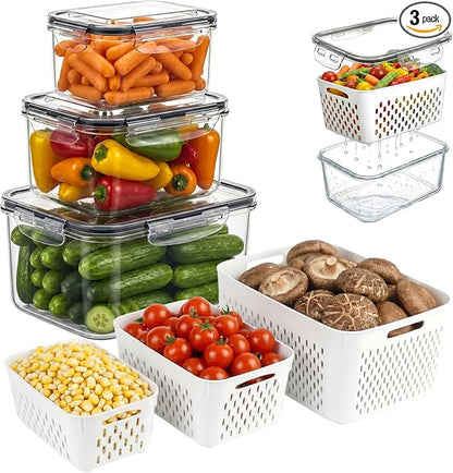 Vegetable Containers for Fridge, Stay Fresh Fruit Vegetable Storage Containers with Lid and Removable Colander, Stackable Vegetable Storage for Berry Salad Lettuce Vegetables Meat Various Food, 3PCS