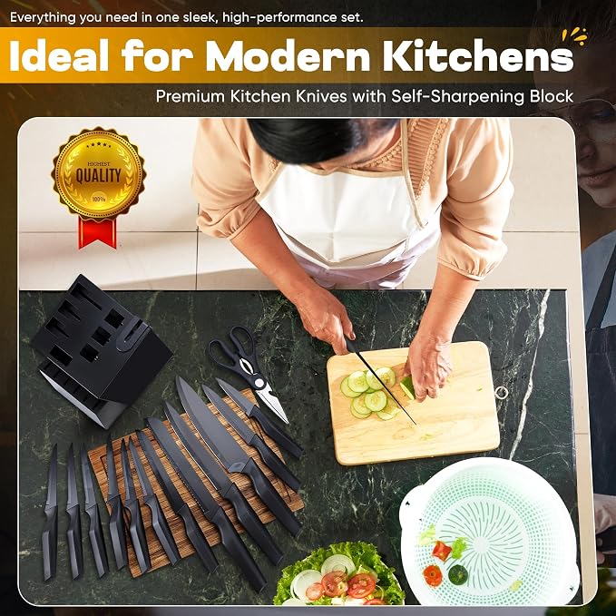 15-Piece Kitchen Knife Set with Finger Guard – Ultra-Sharp Professional Knives, Ergonomic Anti-Slip Handles, 6 Steak Knives, Dishwasher Safe, Modern Black Design – Precision & Safety in One Combo