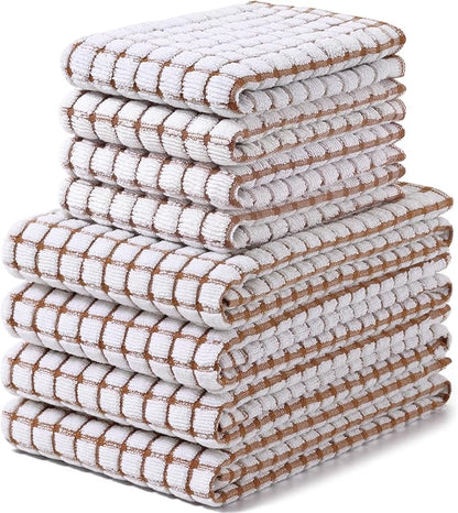 Homaxy Kitchen Towels and Dishcloths Set, 16 x 25 and 12 x 12 Inches, Set of 8 Cotton Terry Kitchen Dish Towels, Super Soft and Absorbent Dish Cloths, Brown