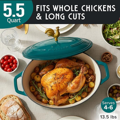 MUELLER HOME 5.5 Quart Enameled Cast Iron Oval Dutch Oven with Rooster Knob and Cotton Potholders, Heavy-Duty Cookware, Oven-Safe up to 500° F & Across All Cooktops, Thanksgiving Essentials, Emerald