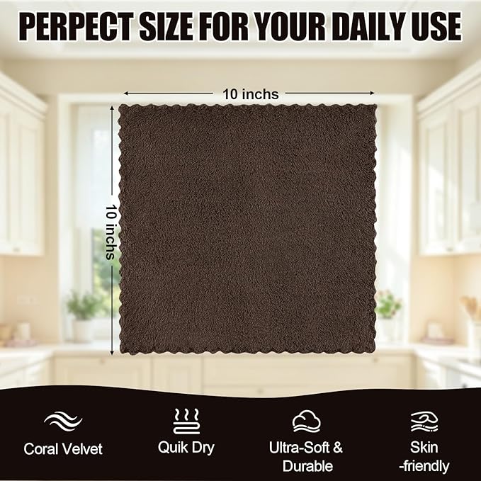 Kitinjoy 24 Pack Kitchen Cloths Dish Towels (10" x 10", Brown), Super Soft and Absorbent Dish Cloths, Nonstick Oil Fast Drying Coral Velvet Microfiber Cleaning