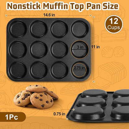 E-far 12-Cavity Muffin Top Pan, 3 Inch Nonstick Shallow Cupcake Pan for Yorkshire Pudding, Eggs, Whoopie Pie, Cornbread, Easy Release & Clean, Standard Size