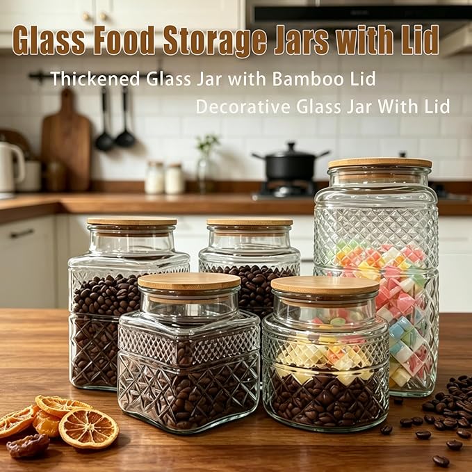 Viovian 60 OZ Vintage Glass Jar with Lid Wood Spoon Set of 2 Decorative Glass Storage Jars Airtight Lids Clear Canister Container for Food Candy Cookie Sugar Coffee Bean Tea Nuts Snack Dog Treat Vase
