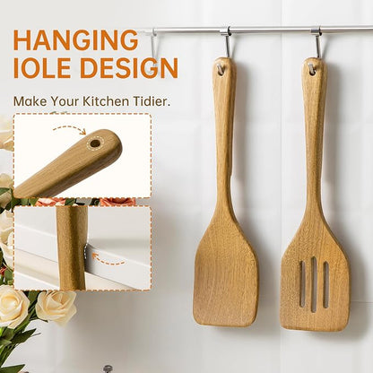 Wooden Utensil Set 2 Pcs - Natural Non-Toxic Acacia Wooden Spoons for Cooking, Nonstick, Sturdy, Easy to Clean, Wood Kitchen Utensils Set, Ideal for Gifting