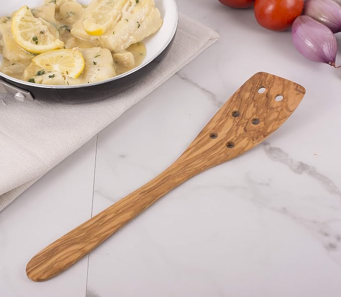 Eddington 50006 Italian Olive Wood Pierced Spatula, Handcrafted in Europe, 12-Inches,Brown