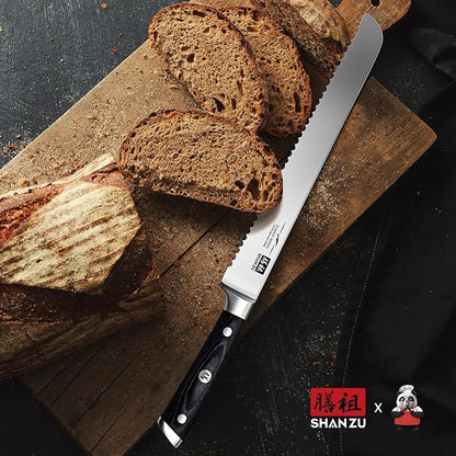 SHAN ZU 10" Bread Knife - Sourdough Slicing Knife Professional German 1.4116 Stainless Steel Serrated Blade, Ergonomic Wood Handle & Full Tang Design, Gift Box Included (Single-Edge