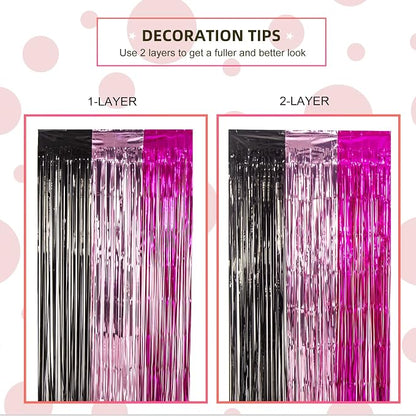 LOLStar 3 Pack Cartoon Mouse Birthday Party Supplies,3.3x6.6 ft Black Pink Fuchsia Tinsel Foil Fringe Curtains,Cartoon Mouse Photo Booth Prop Streamer Backdrop, Kawaii Party Decoration for Girls Baby