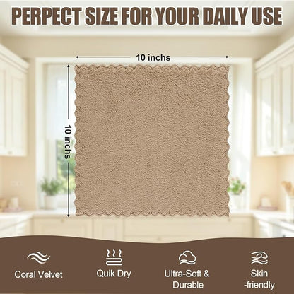 Kitinjoy 24 Pack Kitchen Dish Cloths, Super Soft and Absorbent Coral Velvet Dish Towels (10 x 10 Inches, White/Tan/Grey/Navy Blue/Brown/Grass Green)