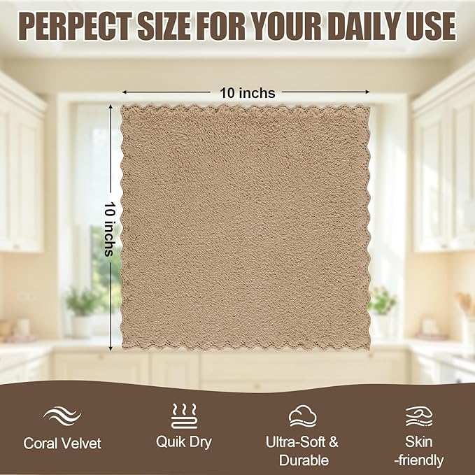 Kitinjoy 24 Pack Kitchen Dish Cloths, Super Soft and Absorbent Coral Velvet Dish Towels (10 x 10 Inches, White/Tan/Grey/Navy Blue/Brown/Grass Green)