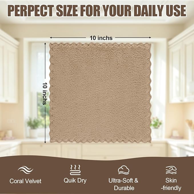 Kitinjoy 24 Pack Kitchen Cloths Dish Towels (10" x 10", Tan), Super Soft and Absorbent Dish Cloths, Nonstick Oil Fast Drying Coral Velvet Microfiber Cleaning