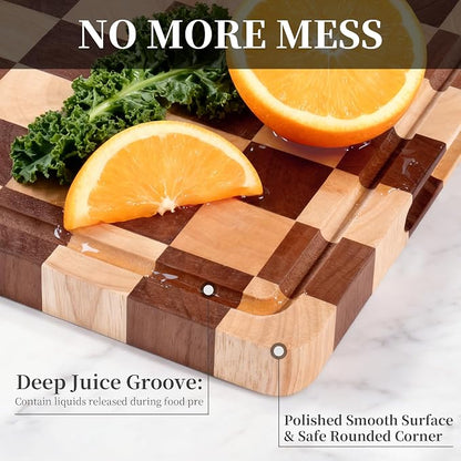 WILLKOMMEN Checkered Cutting Board for Kitchen– Wood Checkerboard End Grain Chopping Board 1" Thick Wooden Butcher Block with Juice Groove & Handle, Reversible for Cooking and Serving (Square)
