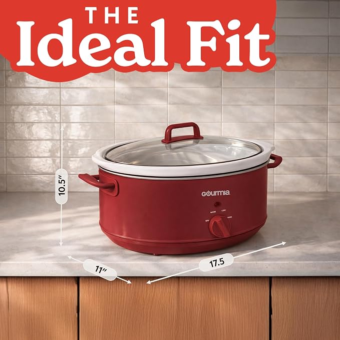 Gourmia Slow Cooker - 7 Quart Removable Ceramic Pot, Manual Controls with 3 Temperature Settings, Dishwasher Safe Crock and Glass Lid, Red
