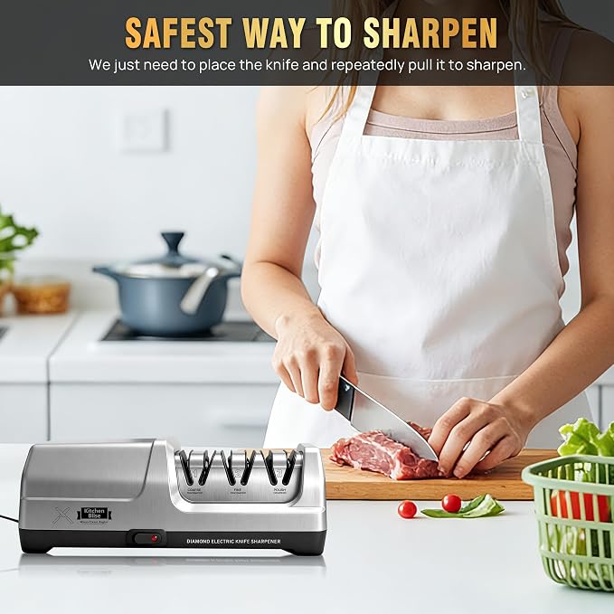 Electric Knife Sharpener for Kitchen—Fast Sharpening to Restore and Polish Chef Straight and Serrated Knives with 3 Stages & 20° Angle System with Metal Dust Box