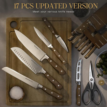 Astercook 17-Piece Knife Block Set with Built-in Sharpener, German Stainless Steel Full Tang Kitchen Knives, Ergonomic Walnut Handle Cutlery Set for Home Cooking & fathers day gift for Dad