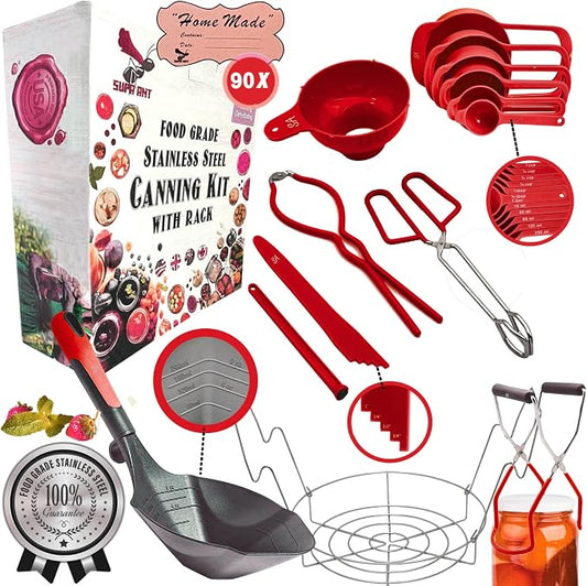 Supa Ant Complete Canning Supplies Starter Kit – 10pc Food-Grade Steel Set with XL Ladle, 6 Measuring Cups, Jar Lifter, Funnel, Canning Rack (7-Jar Capacity) & 90 Labels – Beginner-Friendly, Red