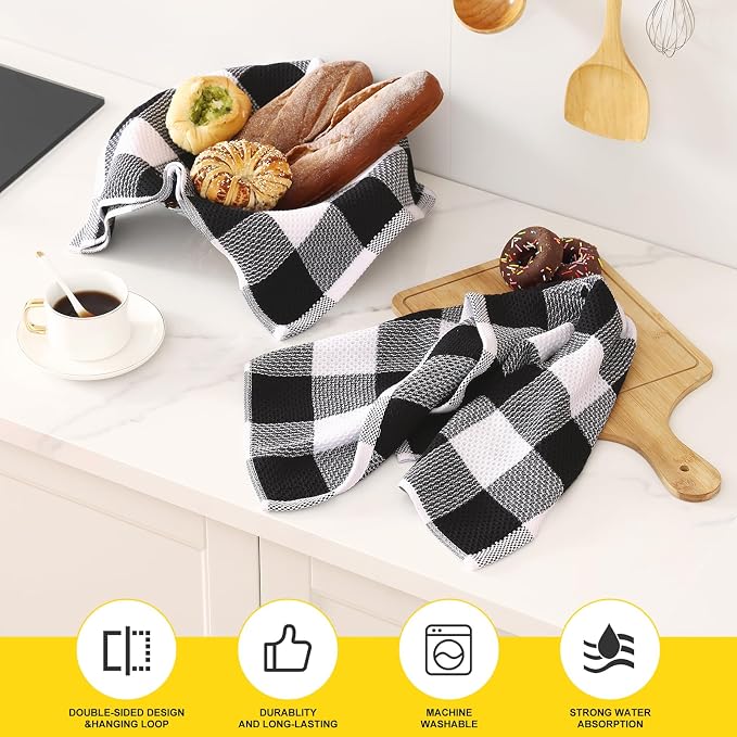 Homaxy Kitchen Towels and Dishcloths Set, 12 x 12 and 20 x 28 Inches, Set of 8 100% Cotton Waffle Weave Check Plaid Kitchen Dish Towels, Super Soft and Absorbent Dish Cloths, White & Black