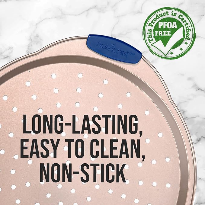 NutriChef 13-Inch Non-Stick Pizza Tray with Silicone Handle - Perforated Carbon Steel, Dishwasher Safe, PFOA Free - Champagne Gold - 12 Pack