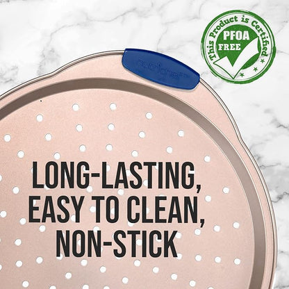 NutriChef 13-Inch Non-Stick Pizza Tray with Silicone Handle - Perforated Carbon Steel, Dishwasher Safe, PFOA Free - Champagne Gold - 12 Pack