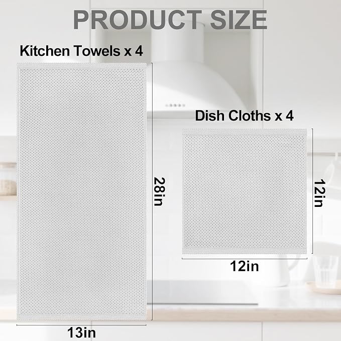 Homaxy 100% Cotton Kitchen Towels and Dishcloths Set, 12 x 12 Inches and 13 x 28 Inches, Set of 8 Bulk Kitchen Towels Set, Ultra Soft Absorbent Dish Cloths for Washing Dishes, Light Gray