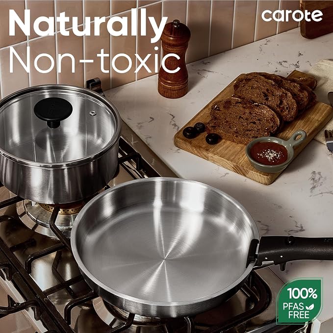 CAROTE Pots and Pans Set, Stainless Steel Cookware Set Detachable Handle, 15pcs Induction Kitchen Cookware Sets with Removable Handle, RV Cookware Set, Oven Safe, Mothers Day Gifts