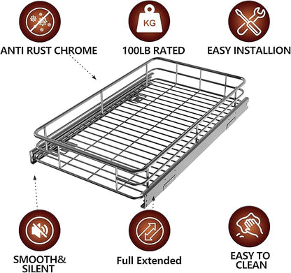 JOWBOOW Pull Out Cabinet Organizer (22.7" W x 21" D), Slide Out Shelves for Kitchen Cabinets, Pull Out Drawers Heavy-Duty Metal Rolling Shelf, Chrome Finish