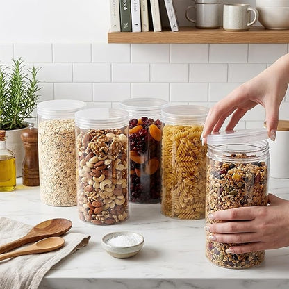 Pumtus 8 Pack Clear Plastic Jars with Lid, 46 OZ Round Candy Storage Jars, Empty Large Mason Jars, Tall PET Canisters Cylinders, Wide Mouth Pantry Container for Dry Food, Spice, Nuts, Noodles