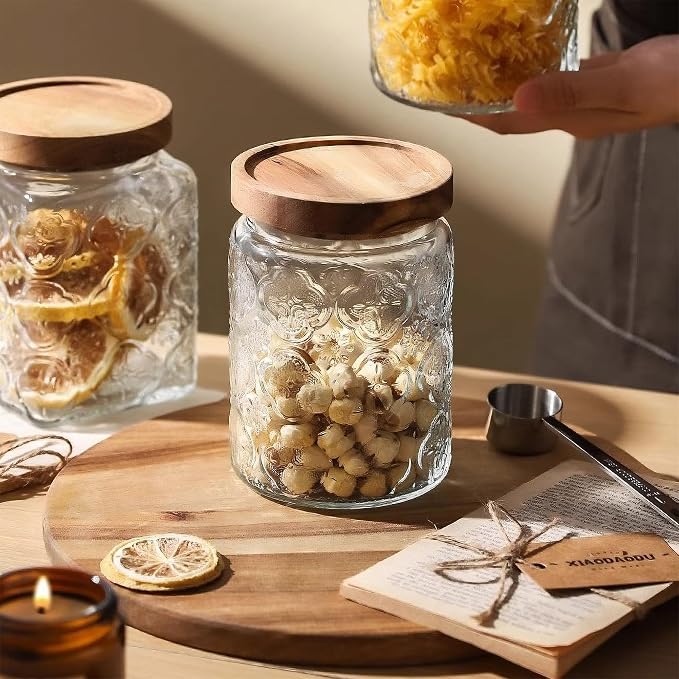Custde Glass Storage Jars With Airtight Lid, 23.7oz Container For Kitchen Counter with Wooden Lid, brown sugar, candy, coffee, cookie, salt, tea, cute Jar (Begonia Flowers*2)