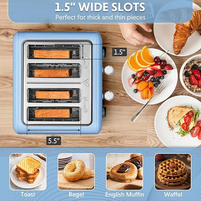 BUYDEEM DT640 4-Slice Toaster, 7 Shade Settings, Extra Wide 1.5’’ Slots for Bagel & English Muffin, 6 Toasting Functions, Retro Stainless Steel Toaster with High Lift Lever, 1800W, Blue