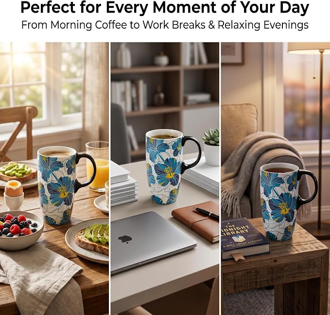 Topadorn 17oz Teal Hibiscus Ceramic Travel Mug with Lid, Floral Coffee Cup with Handle, Spill Resistant Lid, Microwave & Dishwasher Safe, Gift Box Included