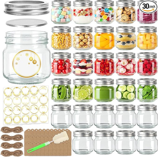 STARSIDE 8 oz Glass Mason Jars with Airtight Lids and Bands,30 Pack with Labels &Tags, Half Pint Canning Jars for Honey, Jam, Candies, Jelly, Spice, DIY Crafts & Wedding Favors