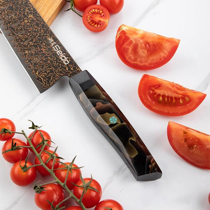 Kurogane 7-Inch Santoku Knife | VG-10 Damascus Steel | Granton Edge | G10 & Copper Handle