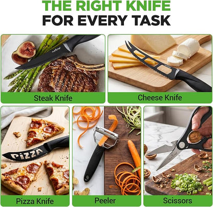 NutriChef 17-Piece Kitchen Knife Block Set - Stainless Steel Precision Crafted Knives w/Acrylic Block Stand - Includes 6 Steak & 7 Multi-Use Knives, Sharpener, Scissors, & Vegetable Peeler (Black)