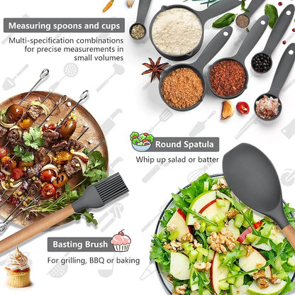 HaWare Kitchen Cooking Utensils Set, 23-Piece Silicone Kitchen Utensils Spatula Set with Holder, Heat Resistant Wooden Handle Kitchen Gadget for Nonstick Cookware, Food-grade Turner Spoon Sets (Grey)