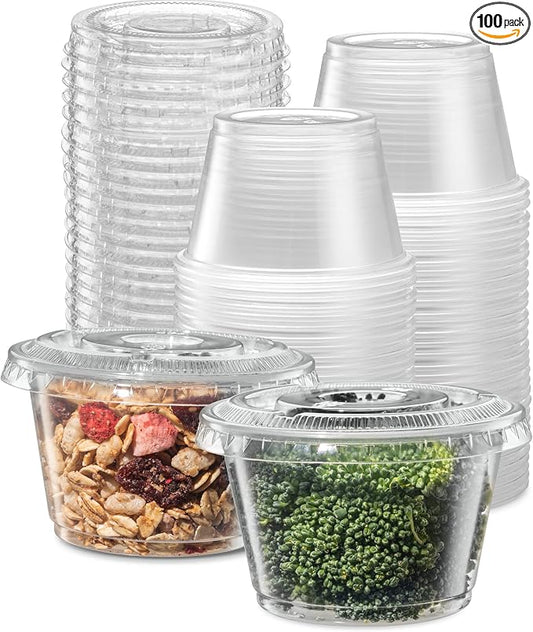 {4 oz - 100 Sets} Clear Diposable Plastic Portion Cups With Lids, Small Mini Containers For Portion Controll, Jello Shots, Meal Prep, Sauce Cups, Slime, Condiments, Medicine, Dressings, Crafts,