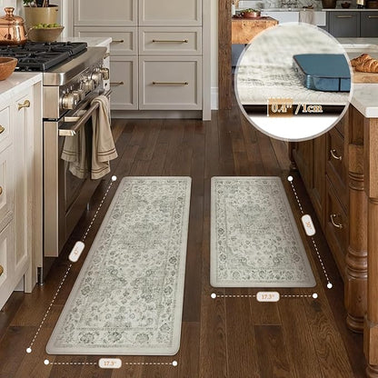 Anti Fatigue Kitchen Mats 2PCS Green Neutral Mats for Cushioned Vintage Kitchen Matss for Floor Non-Slip Waterproof Comfort Standing Rug for Sink Laundry Office 17.3"×47"+17.3"×30"