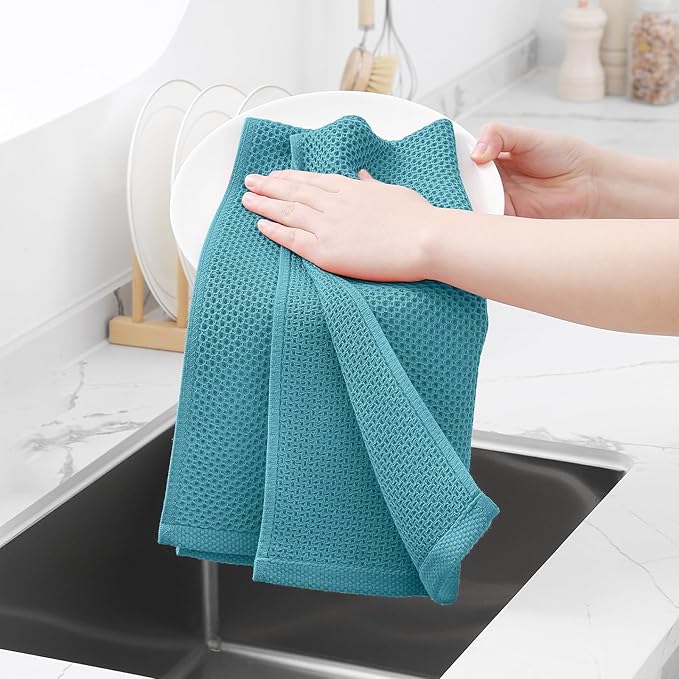 Homaxy 100% Cotton Waffle Weave Kitchen Dish Towels, Ultra Soft Absorbent Quick Drying Cleaning Towel, 13 x 28 Inches, 18-Pack, Lake Blue
