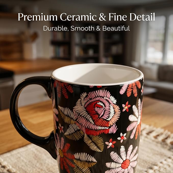 Topadorn 17oz Ceramic Travel Mug with Lid and Handle, Black Floral Coffee Cup, Embroidered Rose Style Mug, Microwave & Dishwasher Safe, Gift Box Included